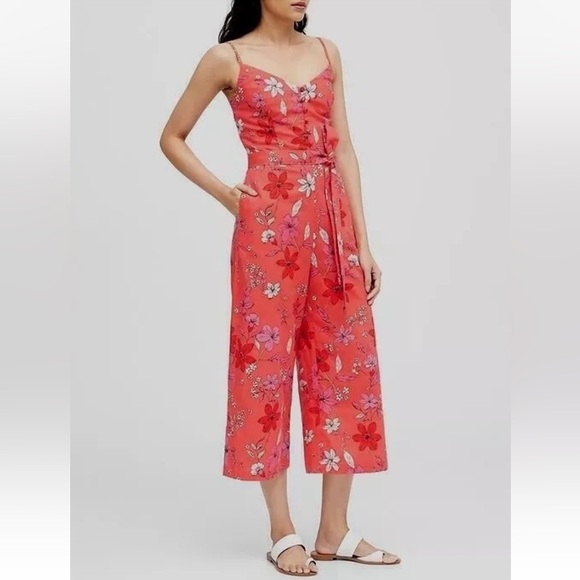Banana Republic Cropped Linen Cotton Wide Leg Cropped Jumpsuit Red Floral Size 2 - Picture 1 of 16